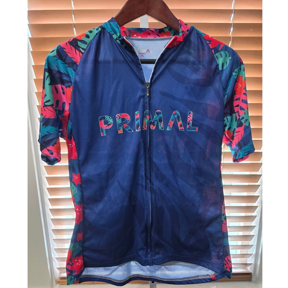Primal Wear Cycling Jersey Womens XL Blue Tropical Floral Monstera Short Sleeve